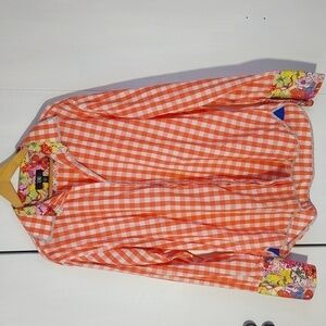 XMI  Button Down Top Bright pink Floral CUFFS & Collar Artsy colorful Sz.XL